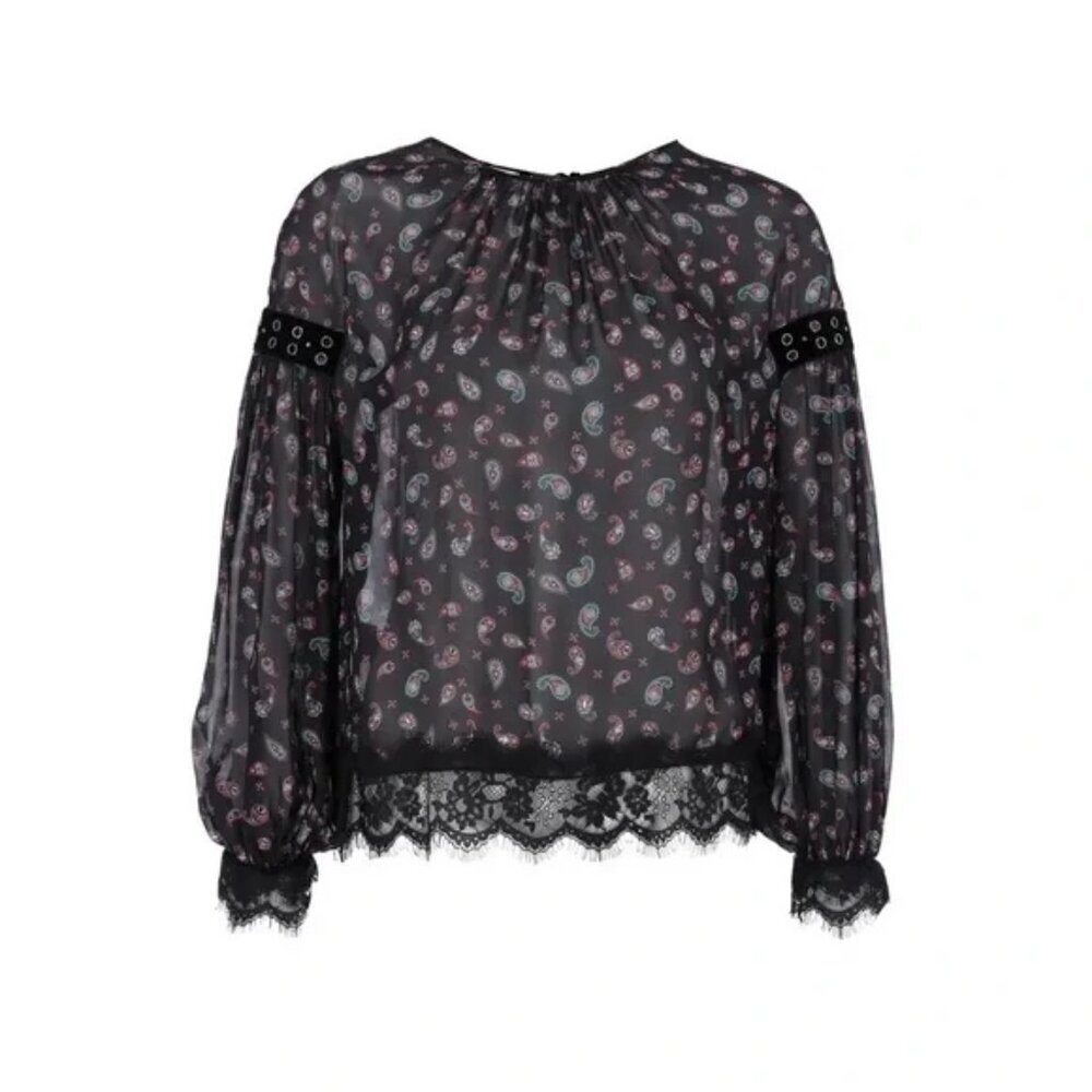 Pinko Black Paisley Print Long Sleeve Sheer Blouse with Lace Trim Size 44/L NWT